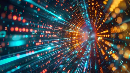 Fototapete - An angled view of a digital display showing an abstract pixelated data flow with vibrant binary code patterns