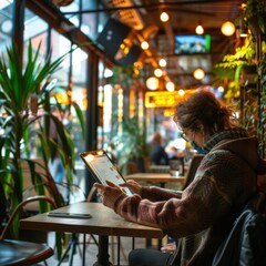 Wall Mural - Person using a secure encrypted device in a public cafe. Bright natural light. Cozy cafe background. 