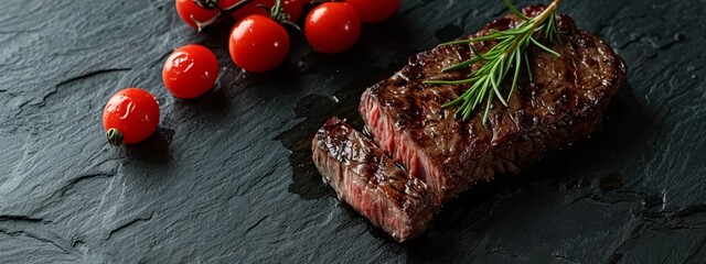 Wall Mural -  A steak topped with a rosemary sprig rests on a slate surface, accompanied by cherry tomatoes