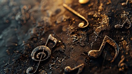 Poster - A close-up photograph showcasing a variety of musical notes and symbols, including a treble clef, set against a dark textured surface