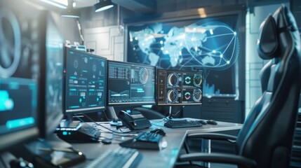 Poster - A modern, high-tech office setup with a desk featuring multiple monitors, a sleek ergonomic chair, and various gadgets, perfect for a high-powered professional or a cutting-edge company