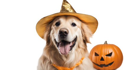 Wall Mural - Golden Retriever dressed in a Halloween witch hat, smiling with a pumpkin beside. Perfect for autumn and festive themes.