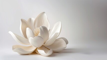 Poster - A modern sculpture of a magnolia flower in white is captured in this commercial photograph. The flower is isolated on a clean white background, showcasing its intricate details