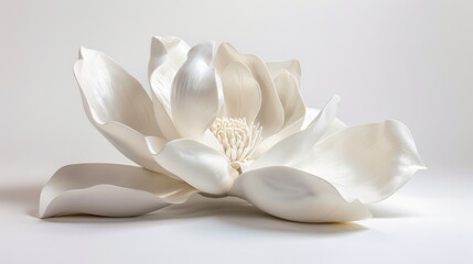 Poster - A close-up, wide-angle photograph of a white magnolia flower sculpture, isolated on a clean white background