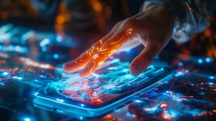 Poster - In a futuristic scene, a hand with glowing orange lines interacts with a mobile phone screen displaying a holographic help text icon amidst vibrant blue and orange lighting