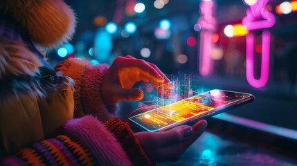 Poster - A person interacts with a holographic help text icon on their smartphone, standing in a brightly lit nighttime city