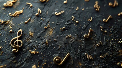 Poster - A wide-angle photograph featuring a scattered arrangement of golden musical notes on a black textured background. The notes are arranged in a visually appealing and harmonious composition