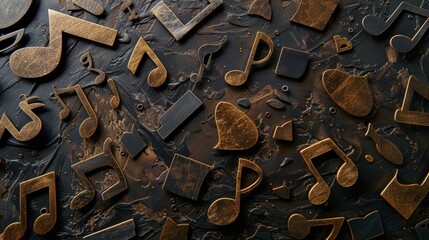 Poster - A wide-angle photo showcasing an abstract arrangement of golden music notes and signs on a dark surface. The image emphasizes the concept of harmony with its composition