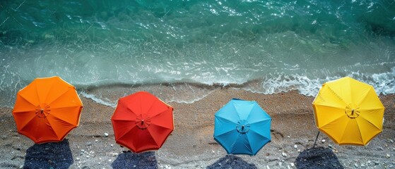 Colorful Umbrellas Decorating a Sandy Beach Under Blue Skies