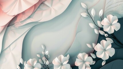 Poster - Minimalist floral design with white geometric flowers and abstract shapes in soft pastel tones, perfect for modern architecture or design studios. Generative AI