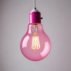 Wall Mural - close up isolated hanging pink lightbulb with copy space background, representing great ideas