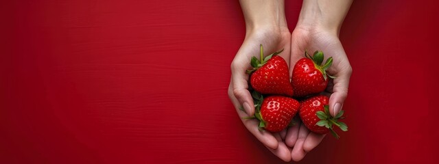 Wall Mural -  A woman holds three ripe strawberries against a red backdrop Red wall in the foreground