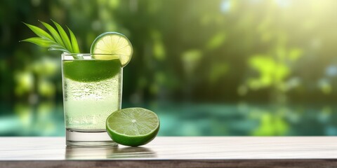 Wall Mural - Refreshing Lime Drink on Wooden Table