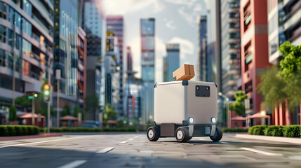 Wall Mural - Robot courier delivering parcel to customer house on street road with city background. Business technology and innovation concept. 3D illustration rendering