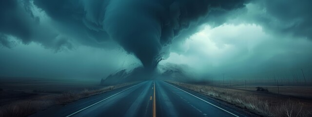 Wall Mural -  A long road under a vast sky, with a towering cloud above, and a car parked in the middle