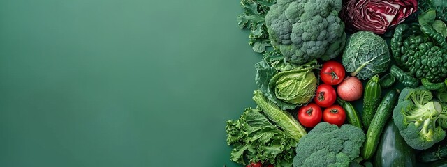 Wall Mural -  Vegetables of various types, vertically aligned, against a green backdrop - Text space available