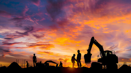 Poster - Silhouette of construction workers and heavy machinery against a vibrant sunrise sky. The image captures the essence of industrial progress and the energy of a new day on the job site