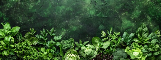  A collection of various vegetable types against a green backdrop featuring a forest painting