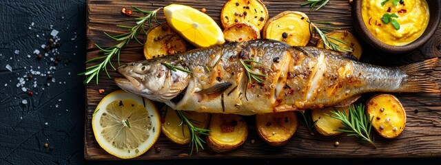 Wall Mural -  A fish atop a wooden cutting board, surrounded by lemon wedges and a nearby bowl