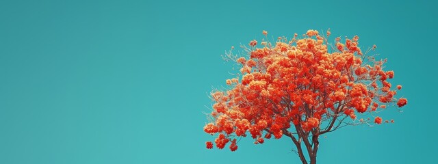 Wall Mural -  A solitary tree, adorned with abundant orange blossoms, stands against a backdrop of tranquil blue sky, punctuated by scattered clouds