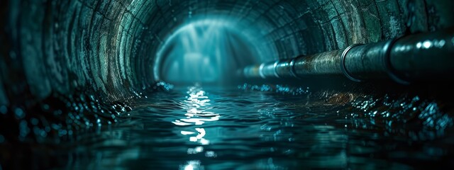  A dark tunnel filled with water; light at end reflects, glinting on surface