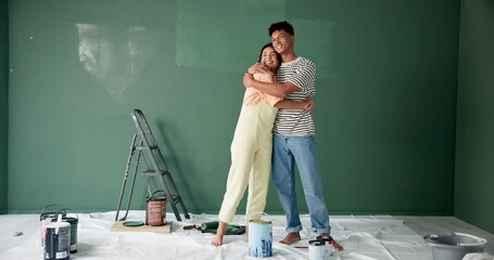 Canvas Print - Couple, face and painting in new home with love, happiness and excited for moving, renovation and wall. Man, woman and smile in house with ladder, color and hug for property, creativity or decoration