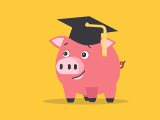 Wall Mural - Education Savings: Piggy Bank with Graduation Cap Represents Financial Planning for Scholarly Pursuits and Career Endeavors, Vector