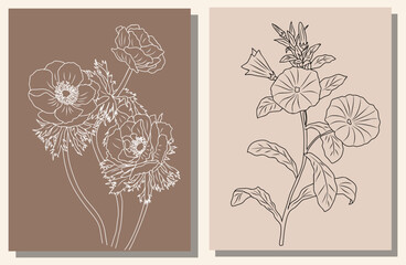 Wall Mural - Set of birth month flowers wall art, posters. Poppy, August and Morning Glory, September. Botanical line art vector drawing on beige backgrounds. Modern design for jewelry, tattoo, logo, packaging.