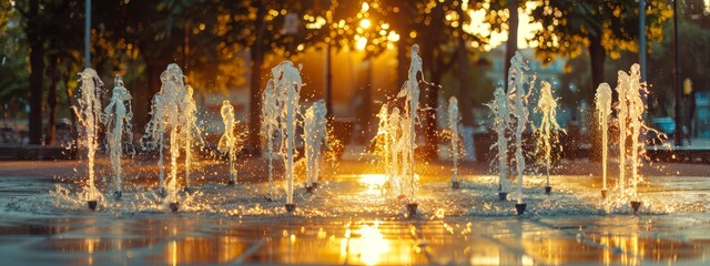  A fountain in a park dispensing a large quantity of water as the sun sets behind