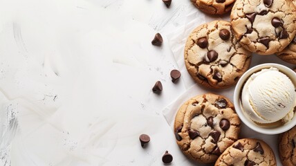 Wall Mural -  Chocolate chip cookies with a scoop of vanilla ice cream on a white background.