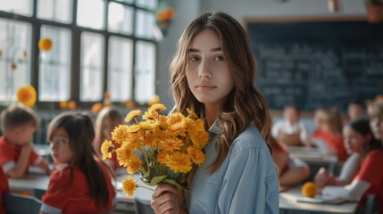 Canvas Print - The girl with yellow flowers