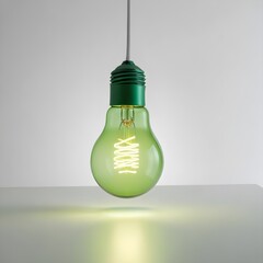 Wall Mural - close up isolated hanging green lightbulb with copy space background, representing great ideas