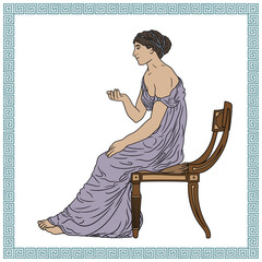 Wall Mural - An ancient Greek young woman in a tunic sits on a chair talking to her interlocutor and gesticulating. Figure isolated on white background