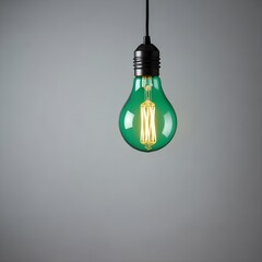 Wall Mural - close up isolated hanging green lightbulb with copy space background, representing great ideas