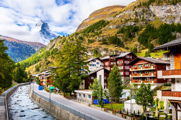 Zermatt, Switzerland street view and Matterhorn