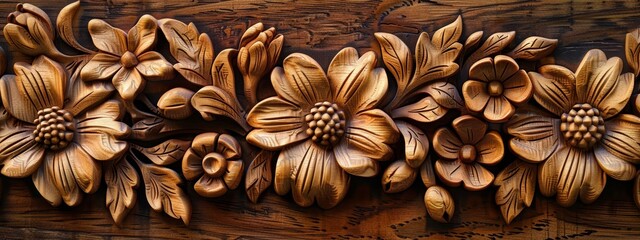 Wall Mural -  A tight shot of a flower wood carving against a wooden surface with a wood-grain backdrop