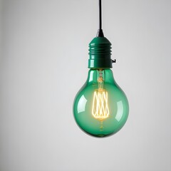 Wall Mural - close up isolated hanging green lightbulb with copy space background, representing great ideas