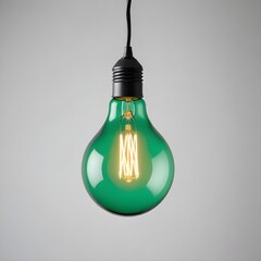 Wall Mural - close up isolated hanging green lightbulb with copy space background, representing great ideas