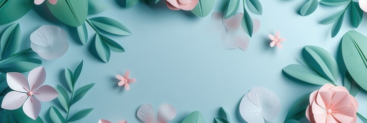 Poster - A clean and modern image of paper flowers and leaves arranged on a light blue background, perfect for modern design and architectural studios. Generative AI