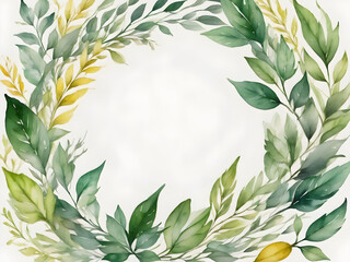 Wall Mural - Circular watercolor foliage wreath with green leaves and yellow accents. Circle picture frame with green pastel leaves. 