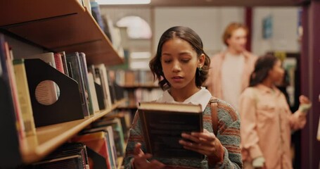 Poster - Girl, book and student in library to search at university, college or school campus for education. Shelf, learning history and person with scholarship studying knowledge, research and information