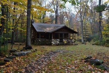 Wall Mural - A small cabin nestled in the woods with colorful fall foliage