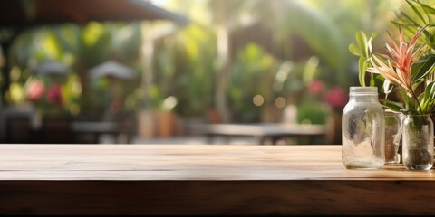 Wall Mural - Wooden Table with Flower Arrangements in Jars and a Blurred Outdoor Garden Background