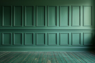 Teal colored wall with wooden floor. Photography backdrop.