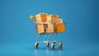 © visual artstock - A shopping cart full of cardboard boxes on a blue background.