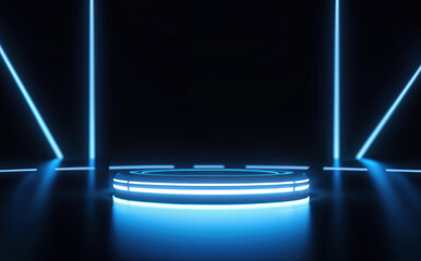 Aufkleber - Futuristic Blue Neon Circular Platform with Vertical and Diagonal Light Lines in Dark Room - Sci-Fi High-Tech Background for Product Display or Virtual Reality Setup