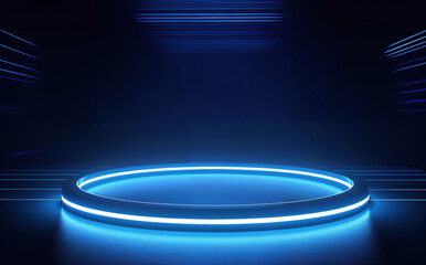 Aufkleber - Futuristic blue neon circular platform with horizontal light lines in dark room - sci-fi high-tech background for product display or virtual reality interface