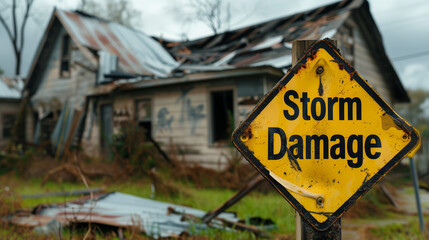 Storm damage on yellow warning signboard with hurricane wind damaged house on blur background