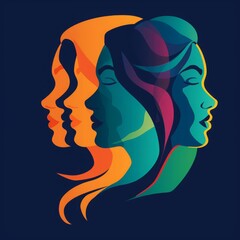 Wall Mural - Colorful silhouettes of a diverse and multicultural community. Illustration of a multi-ethnic group of people, woman portraits in simple colors
