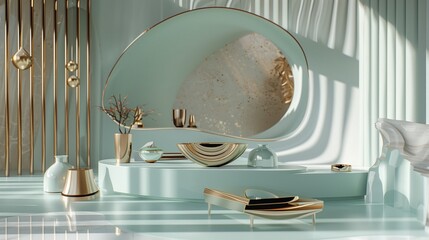 Poster - A 3D rendering showcases sleek, curvaceous forms in light green and gold, highlighting elegance and modernity.